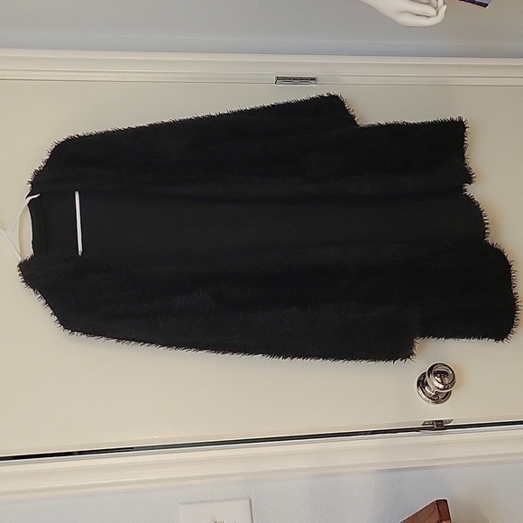Black Shaggy Eyelash Hoodie Open Front Cardigan Sweater - Picture 2 of 6